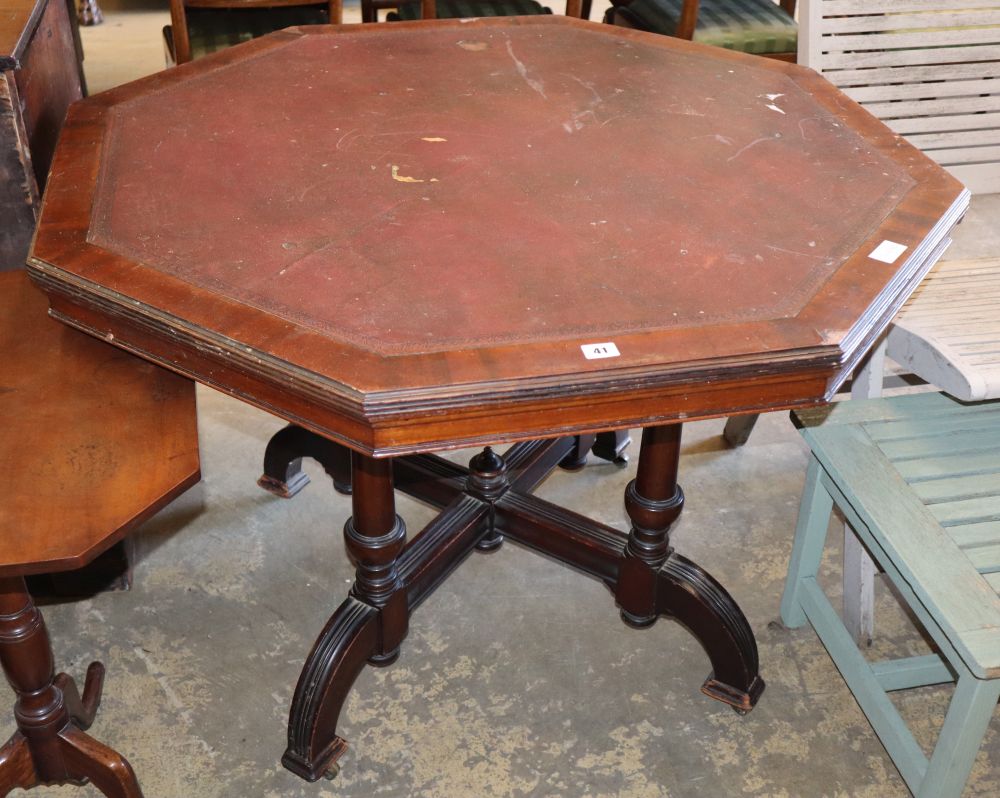 A late Victorian Gothic revival octagonal mahogany library table, W.106cm, H.75cm